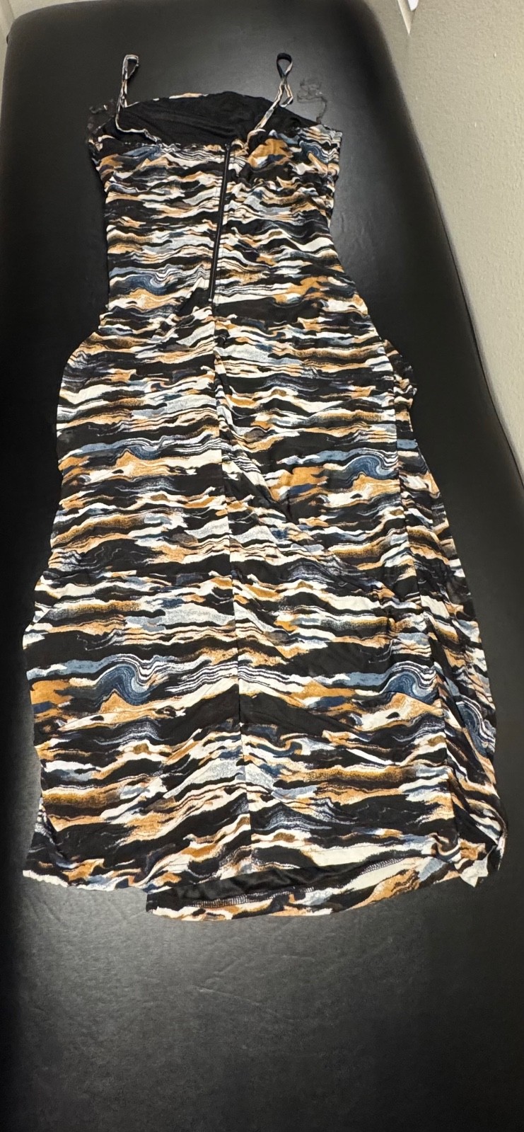 Women\'s Ruched Maxi Dress Abstract Print Black Tan Blue Cream Spaghetti Strap Si