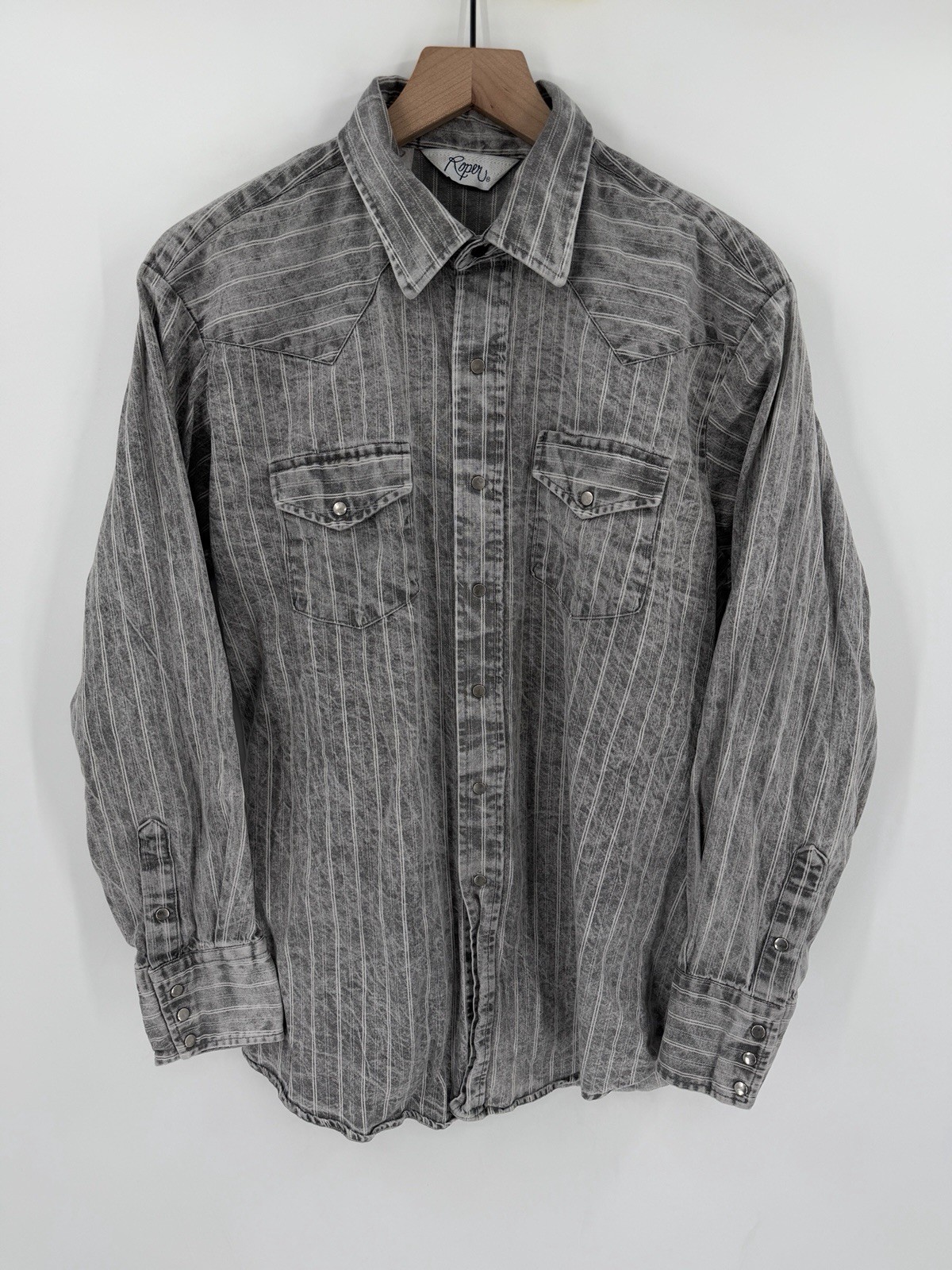 Vintage Roper Western Shirt Mens Large Grey Stripe Snap Button Made In USA Rodeo Vintage Roper Western Shirt Mens Large Grey Stripe Snap Button Made In USA Rodeo