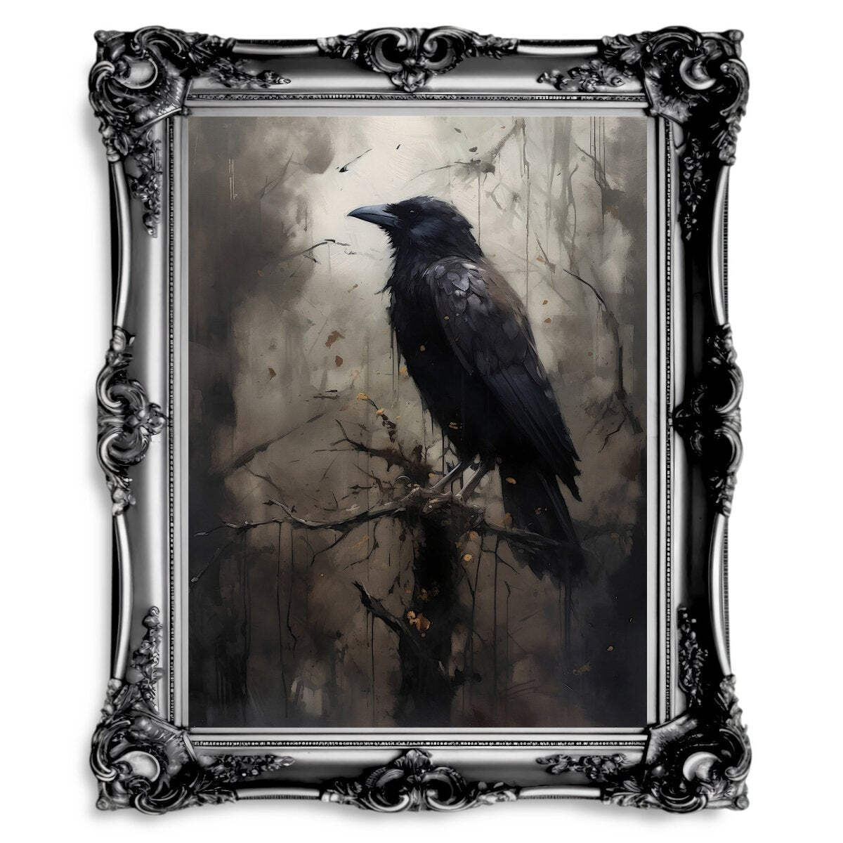 Dark Moody Raven in Woodland Gothic Wall Art Moonlit Wildlife Painting Gothic De