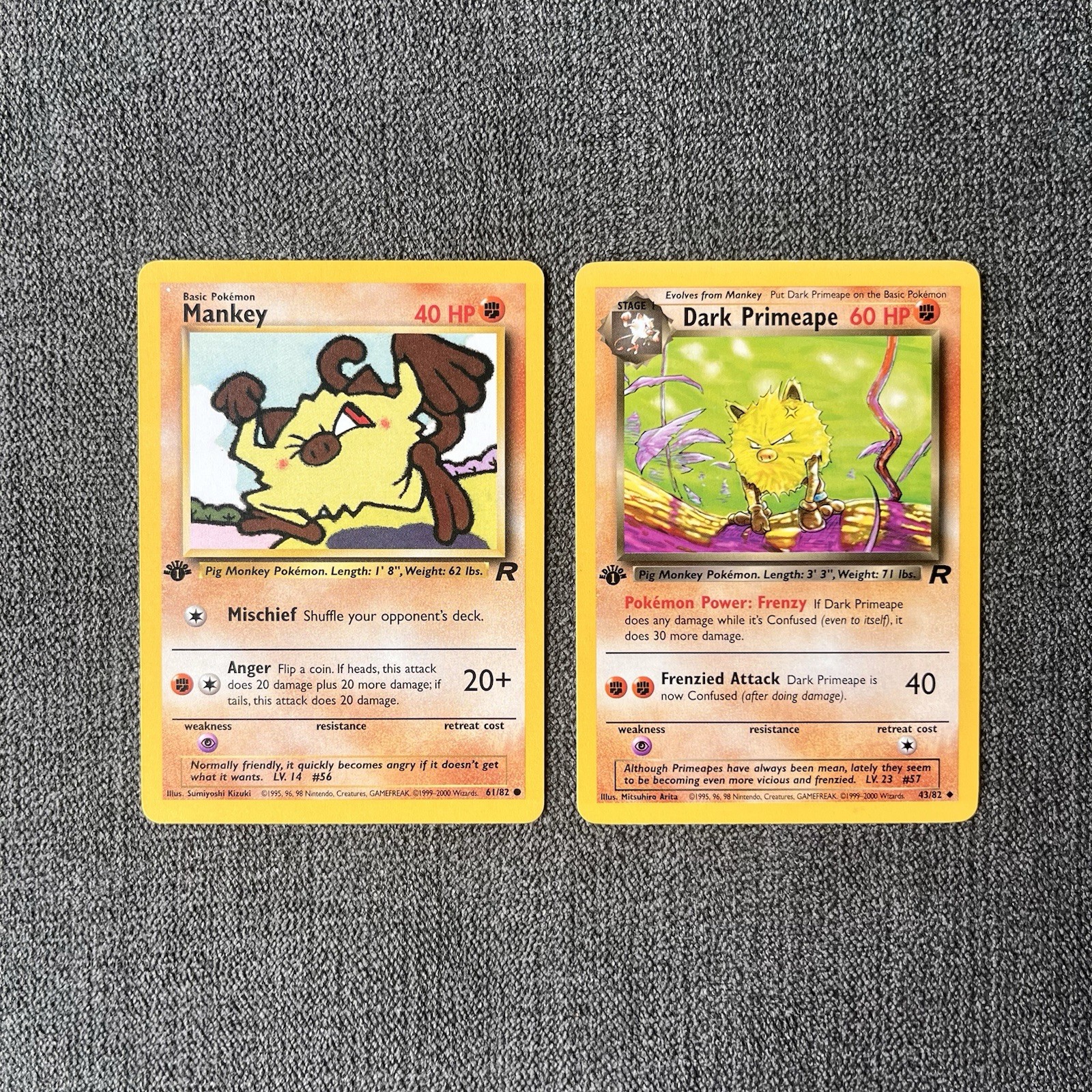 1st Edition Mankey 61/82, Dark Primeape 43/82 LP - Team Rocket - Vintage Pokémon 1st Edition Mankey 61/82, Dark Primeape 43/82 LP - Team Rocket - Vintage Pokémon
