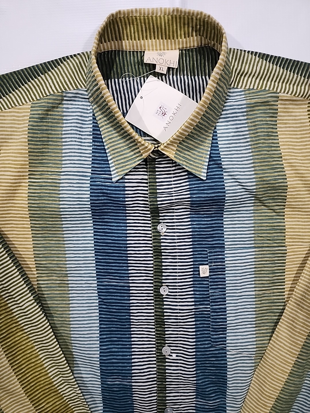 NWT Anokhi Shirt Multicolor stripe 100% cotton long sleeve hand block printed XL