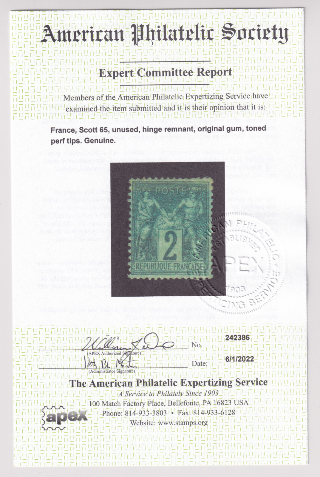 France Scott #65 Yvert 62 2c Ceres Stamp. Mint OGHR. XF. APS Certified. CV $1425