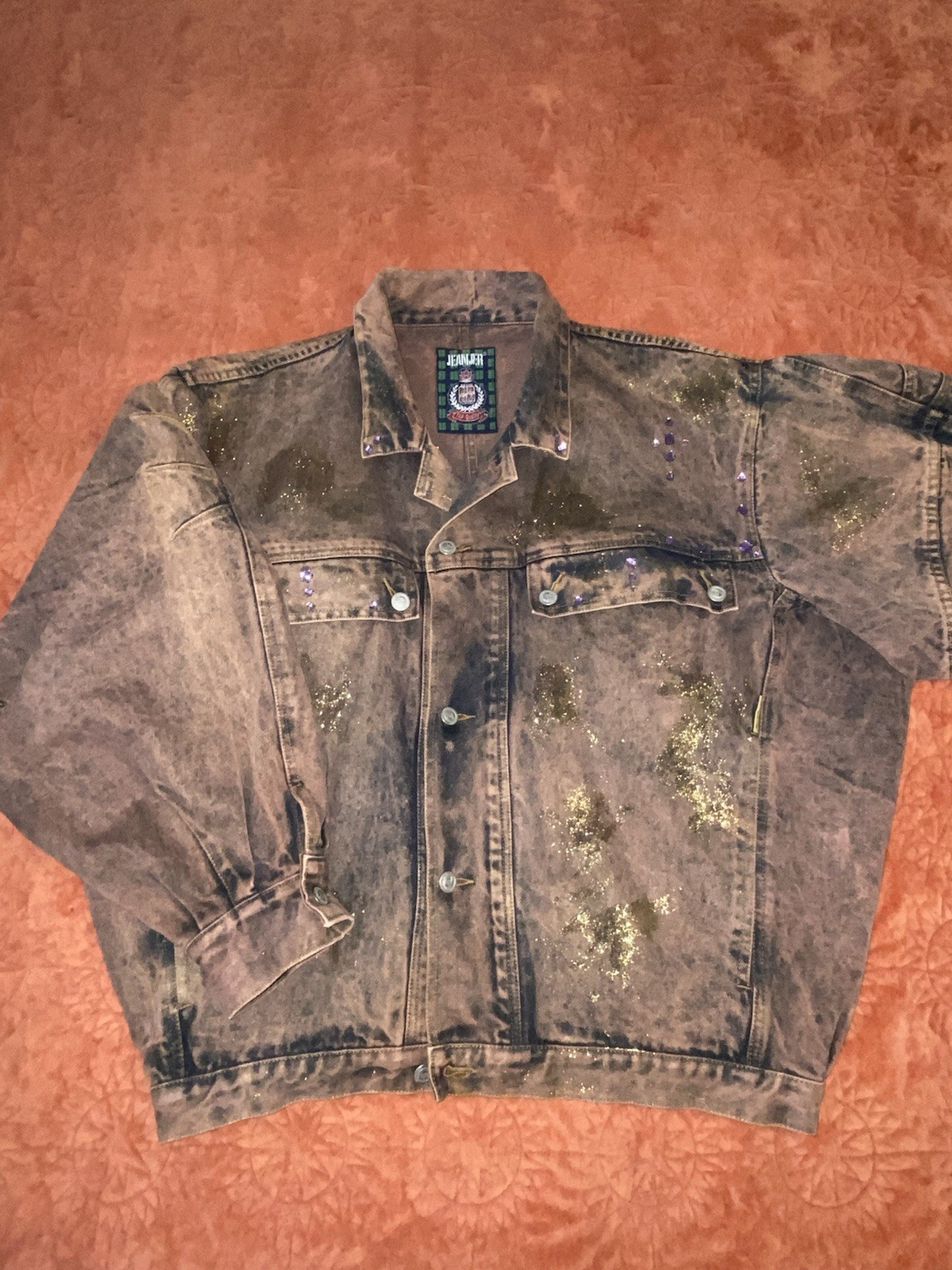 VTG 80s Jeanjer Acid Wash Denim Jacket M Gold Glitter Paint Rhinestone VTG 80s Jeanjer Acid Wash Denim Jacket M Gold Glitter Paint Rhinestone