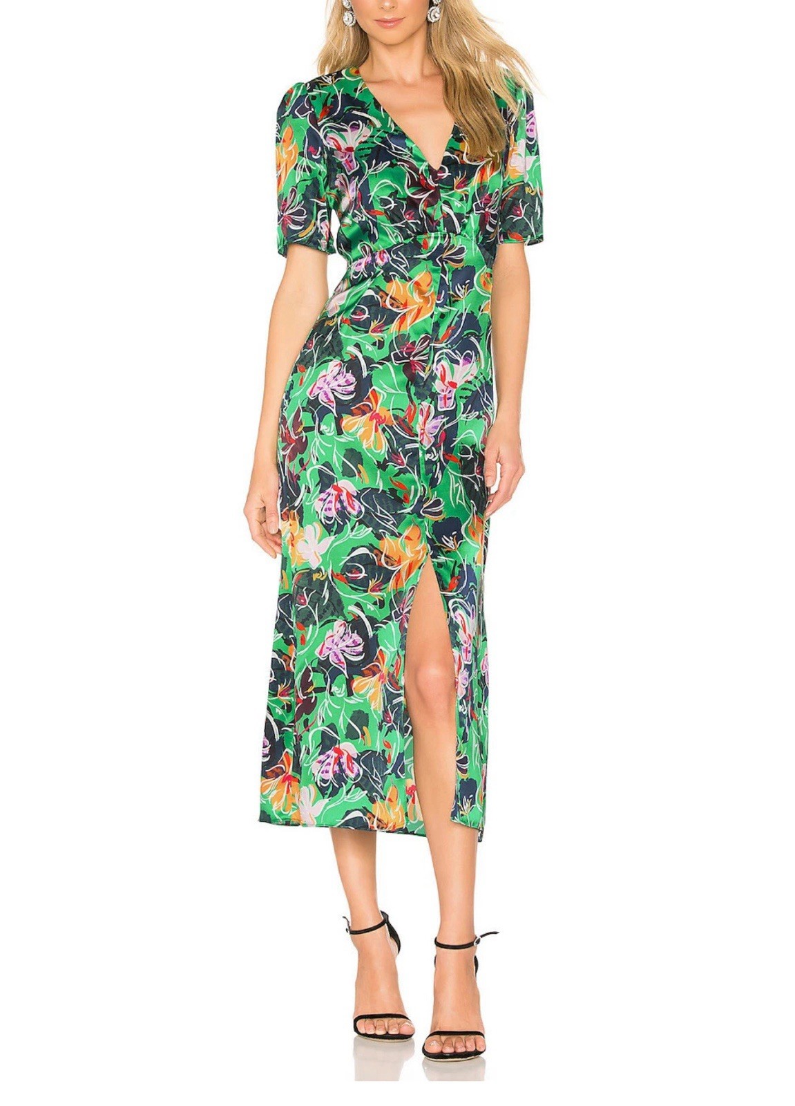 $760 SALONI Green Floral Botanical Print EDEN Satin Silk Hi-Slit Midi Dress Sz:2