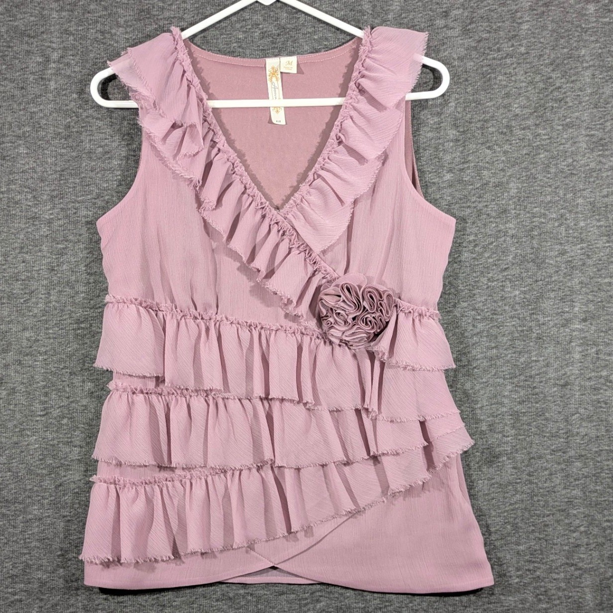 Adiva Womens Ruffle Rosette V-Neck Sleeveless Top Dusty Rose Mauve Size M