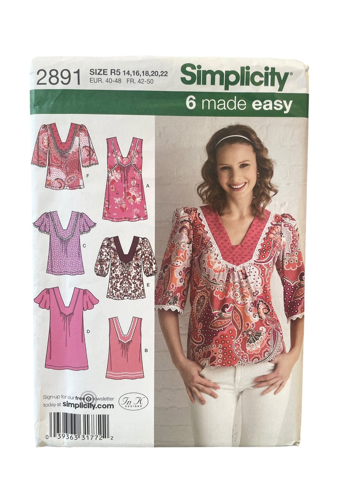 Simplicity 2891 Misses\' Tunic Top Blouse Size 14 16 18 20 22 Modern