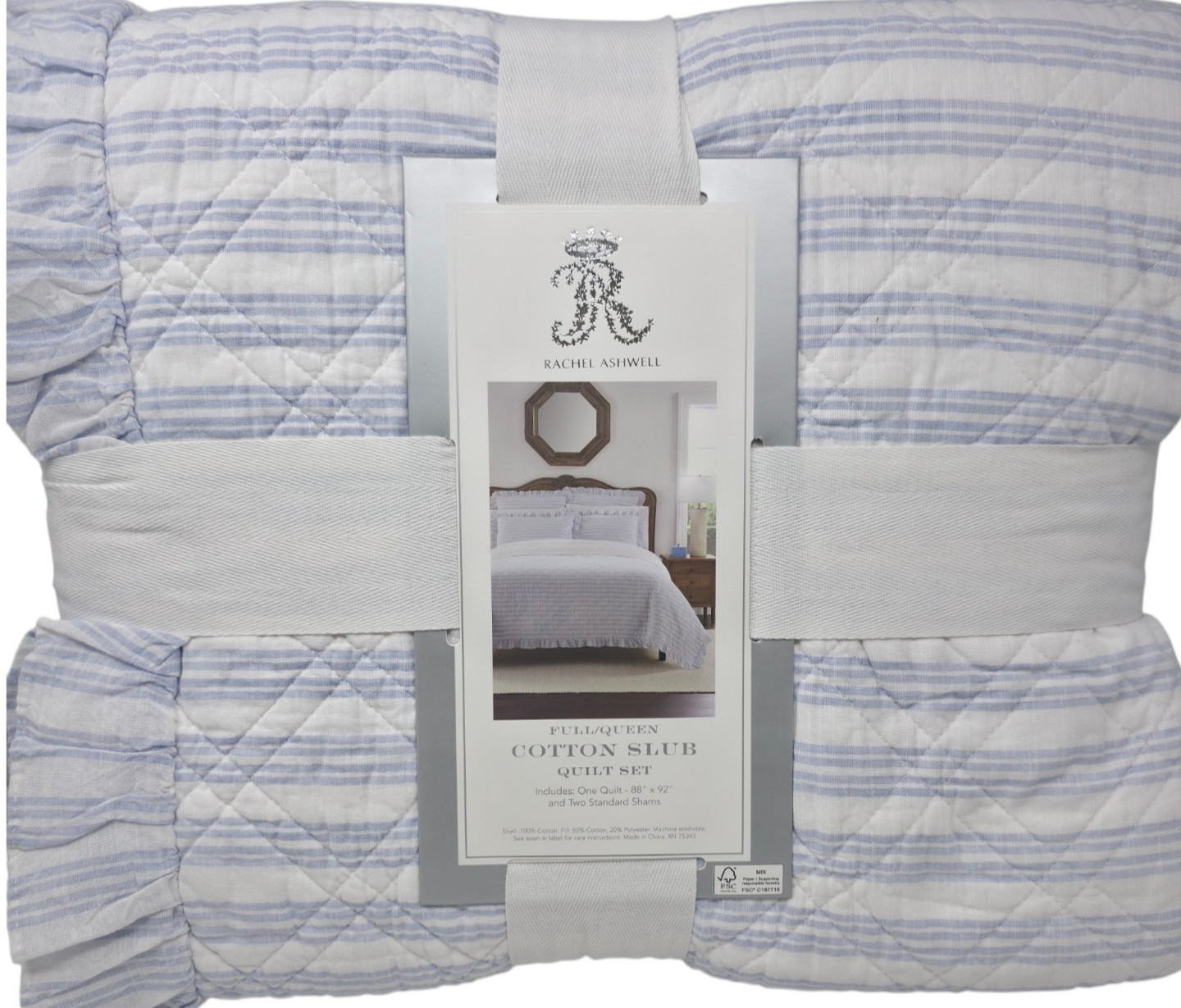Rachel Ashwell Shabby Chic Cotton Slub Quilt Set Full Queen Blue Stripe