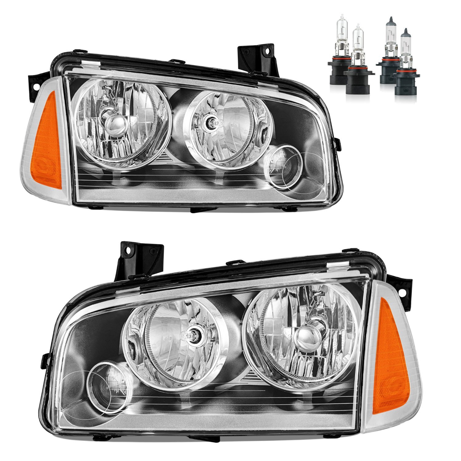 Pair Headlights For 2006-2010 Dodge Charger Chrome Amber Headlamps w/ Bulbs