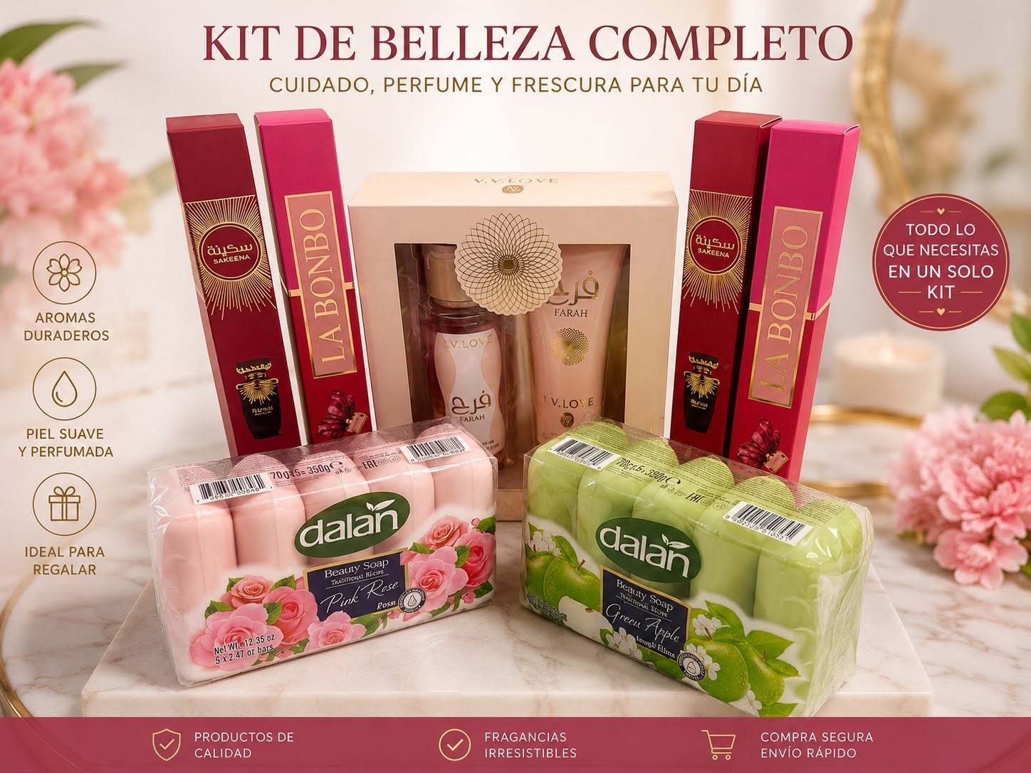 Kit Belleza Mujer V.V. Love Farah, 4 Perfumes y 10 Jabones Dalan de 70 g
