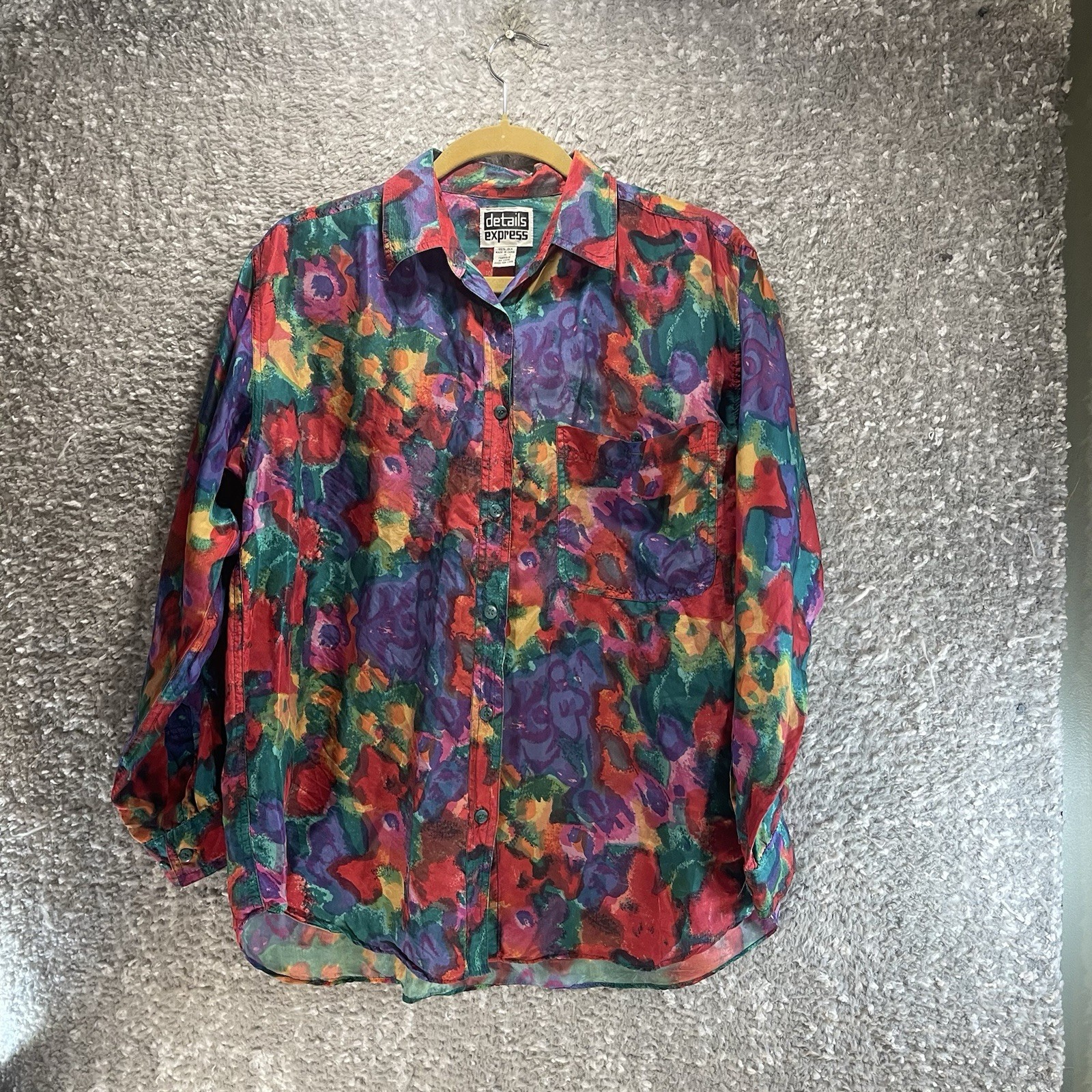 Vintage Details Express Silk Wearable Art Button Up Long Sleeve Shirt Medium