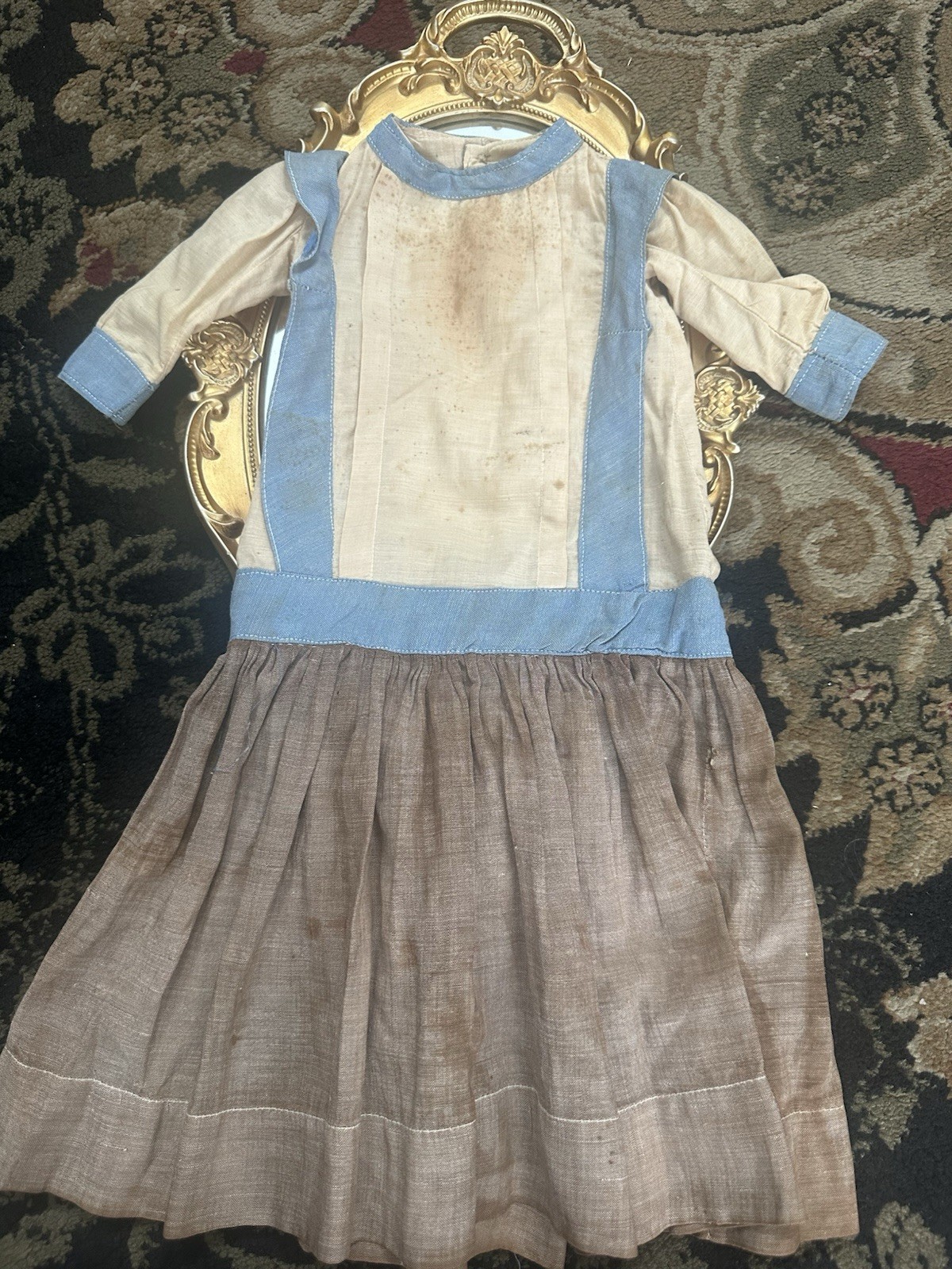 Antique Edwardian Garden Dress for German Bisque Doll Tea Stained Dress