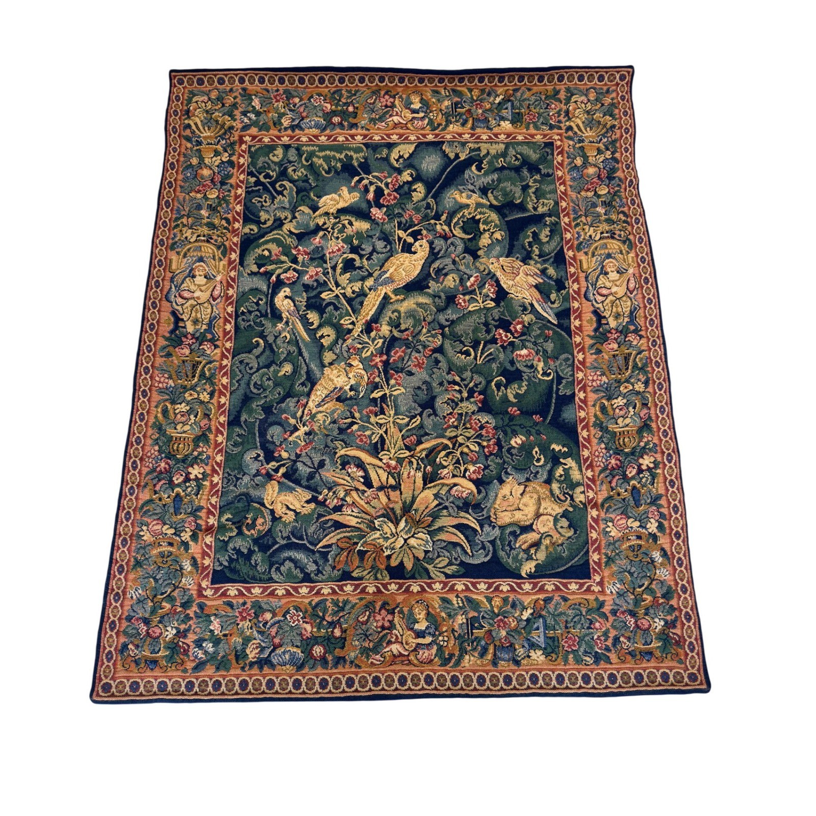 Vintage 1980s French Neiman Marcus Woven Tapestry Wall Hanging Birds Floral 4x5