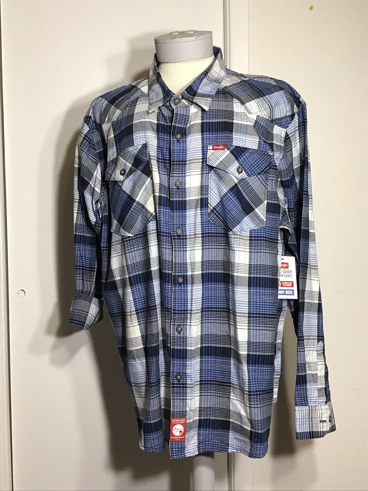 NWT Wrangler Men’s Cowboy Wash Plaid Shirt Long Sleeve Slim Fit Button-Up Sz 3XL