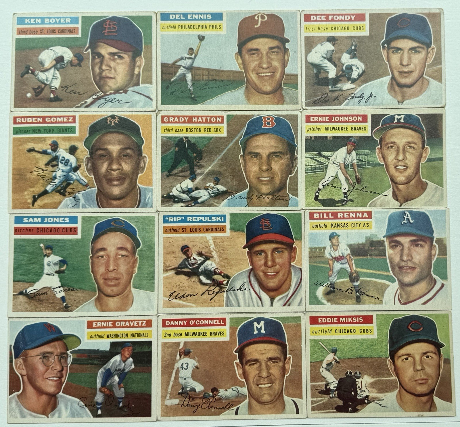 Lot Of 12 BB 1956 Topps, Ex, Ex+ and Near Mint. No Creases No Doubles