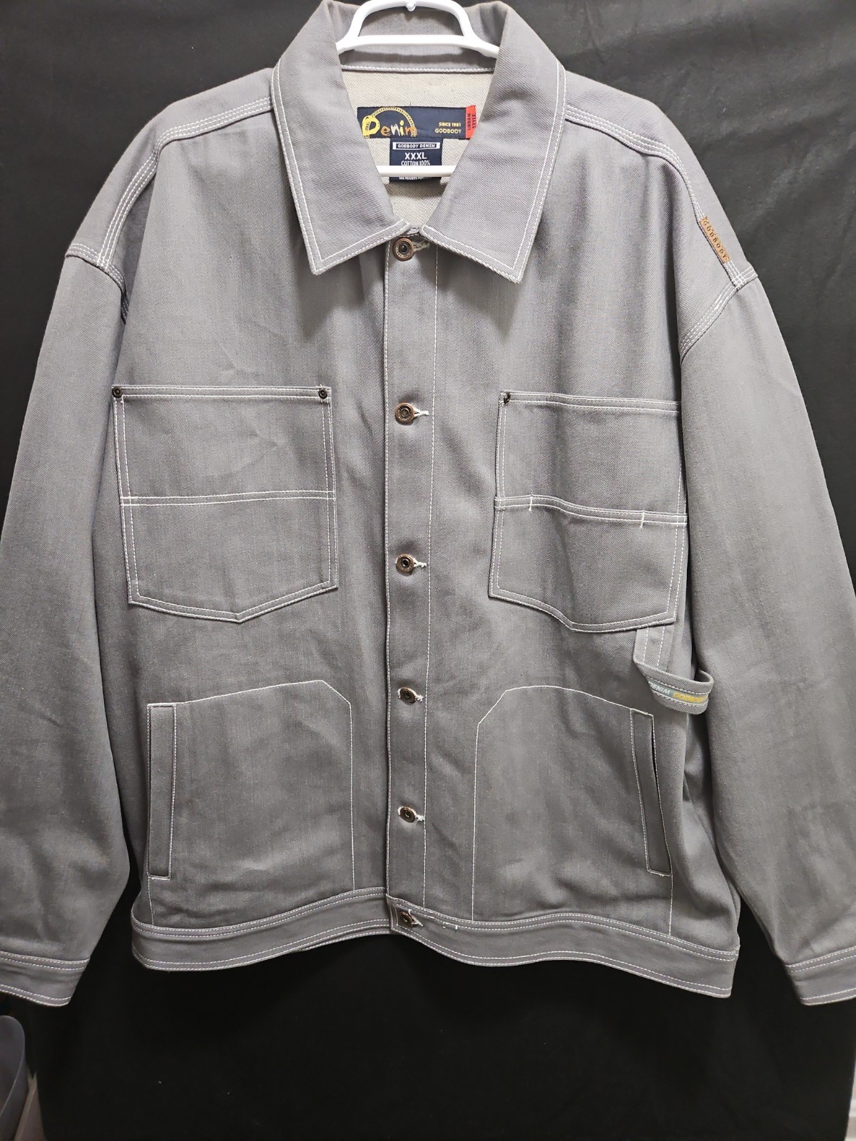 Vintige Y2K Godbody Jacket Men\'s 3XL Gray Denim  Heavy Denim Pockets 