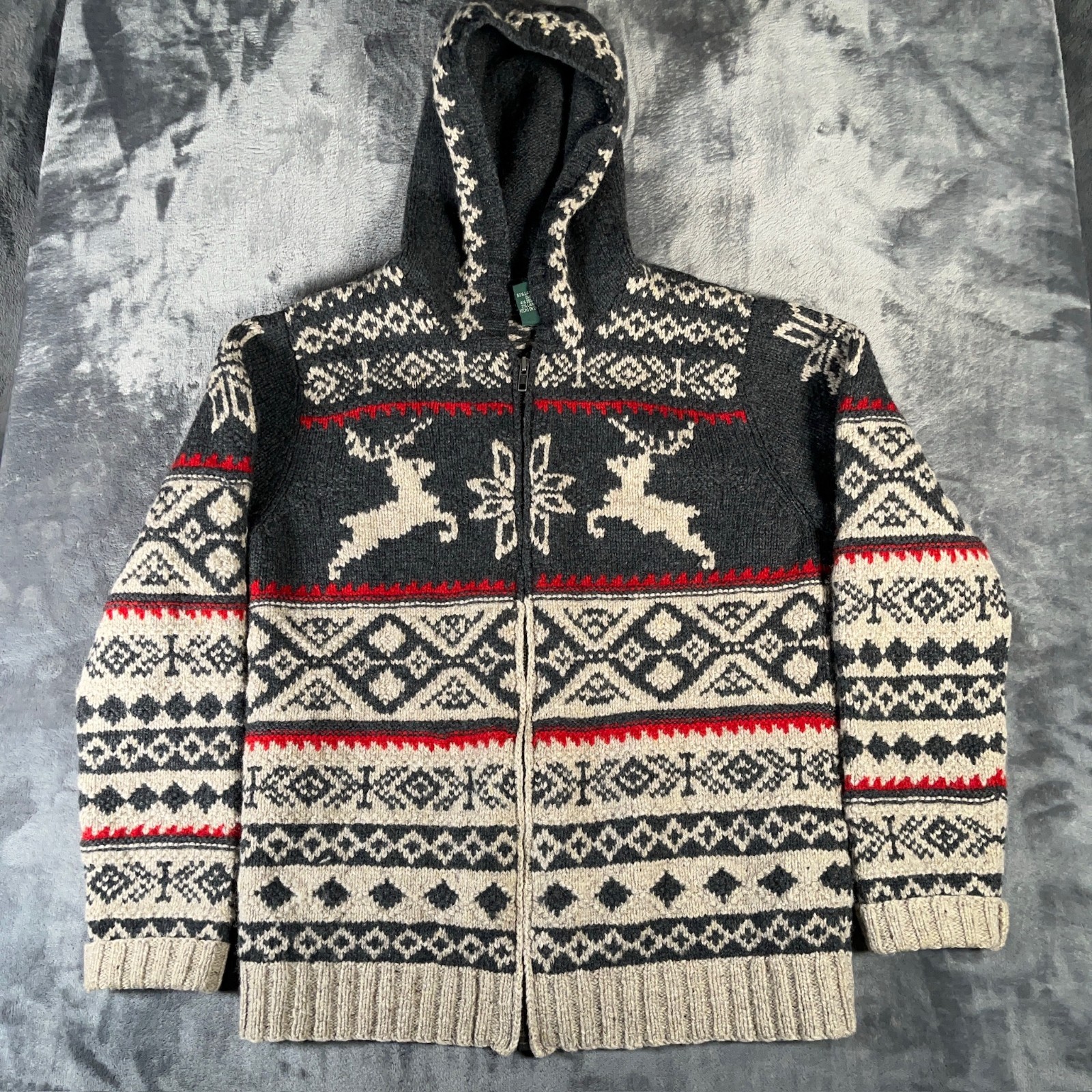 Vintage Lauren Ralph Lauren Sweater Womens M Gray Reindeer Hand Knit Wool Silk