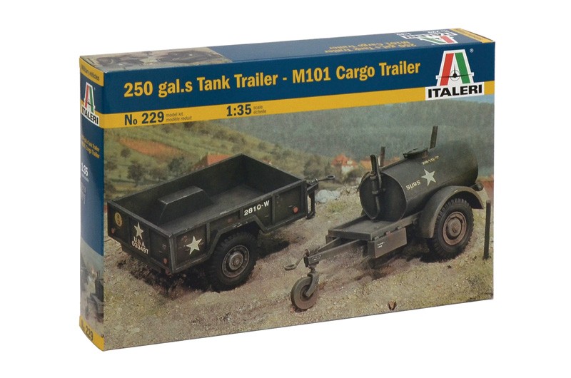 Italeri 229 250 Gallon Tank Trailer & M101 Cargo Trailer 1/35 Scale Model Kit Italeri 229 250 Gallon Tank Trailer & M101 Cargo Trailer 1/35 Scale Model Kit