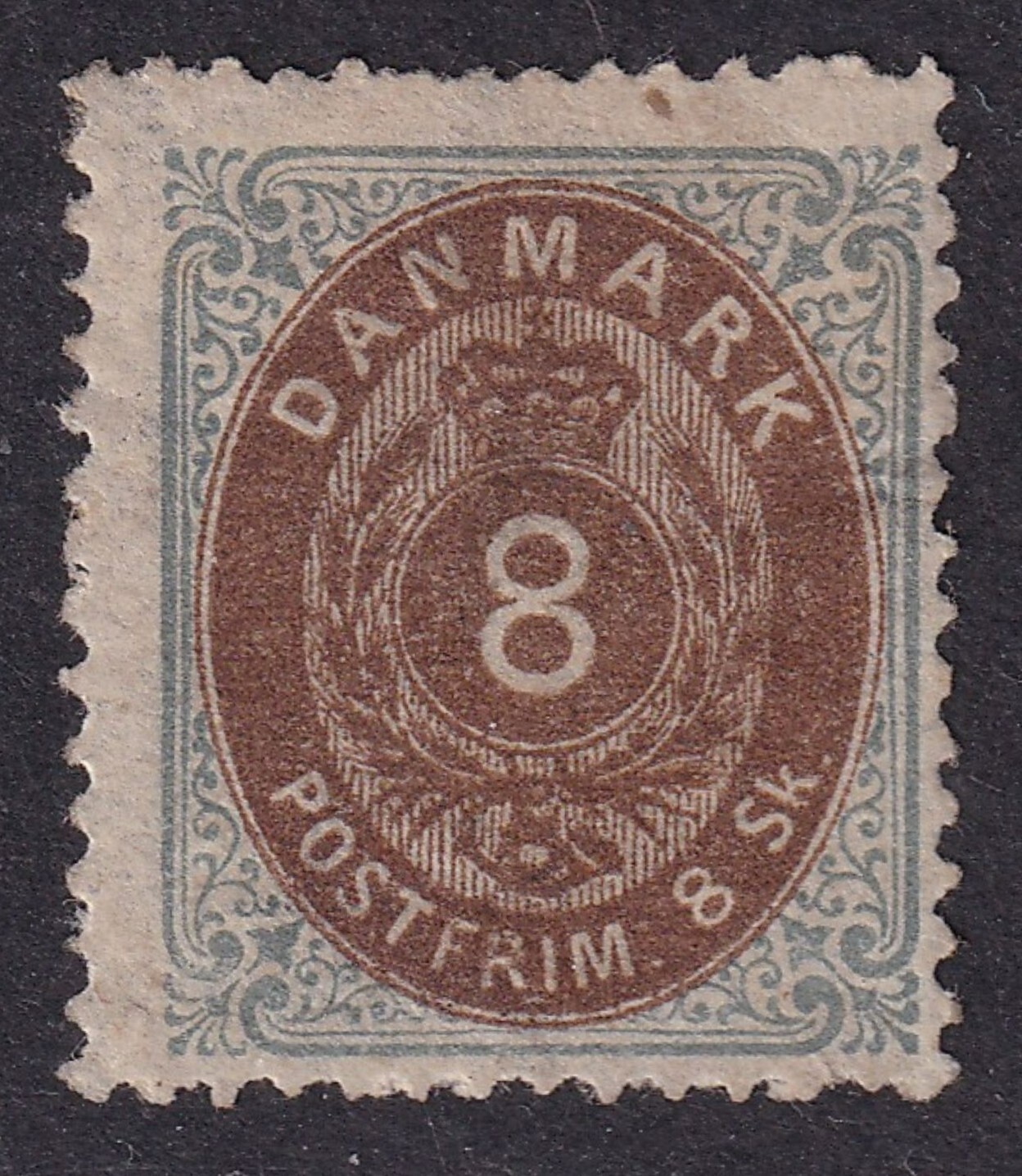 DENMARK 1870 Numeral 8sk Yellow-Brown and Grey SG 46 MH/* (CV £250) DENMARK 1870 Numeral 8sk Yellow-Brown and Grey SG 46 MH/* (CV £250)