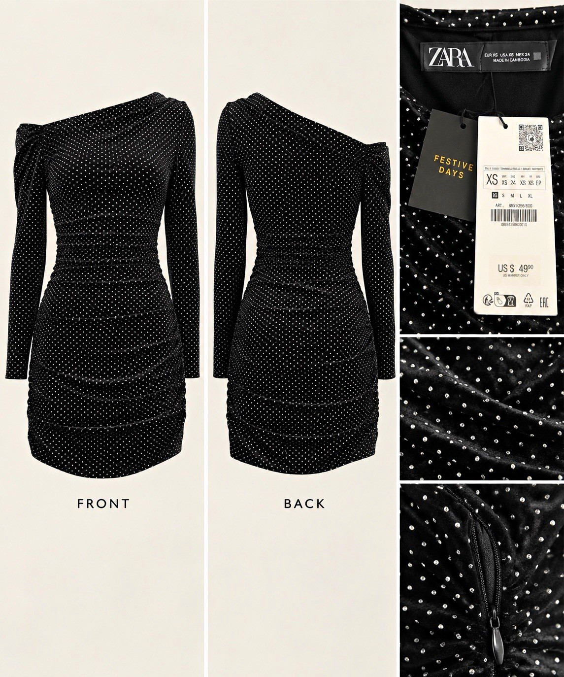 ZARA XS Black Velvet Silver Polka Dot One-Shoulder Ruched Mini Dress Zip ZARA XS Black Velvet Silver Polka Dot One-Shoulder Ruched Mini Dress Zip