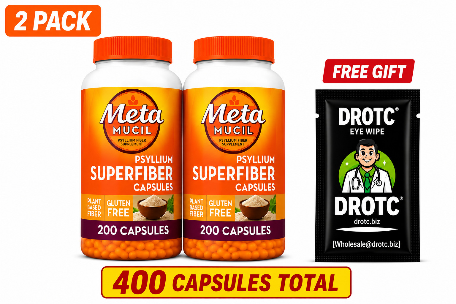 2X Metamucil Multi-Health Psyllium Fiber Supplement, 200. Total 400 Ct. 08/27
