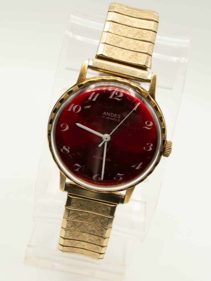 Vintage Andes 17J Swiss Manual Wind Watch Red Sunburst Dial 34mm Running