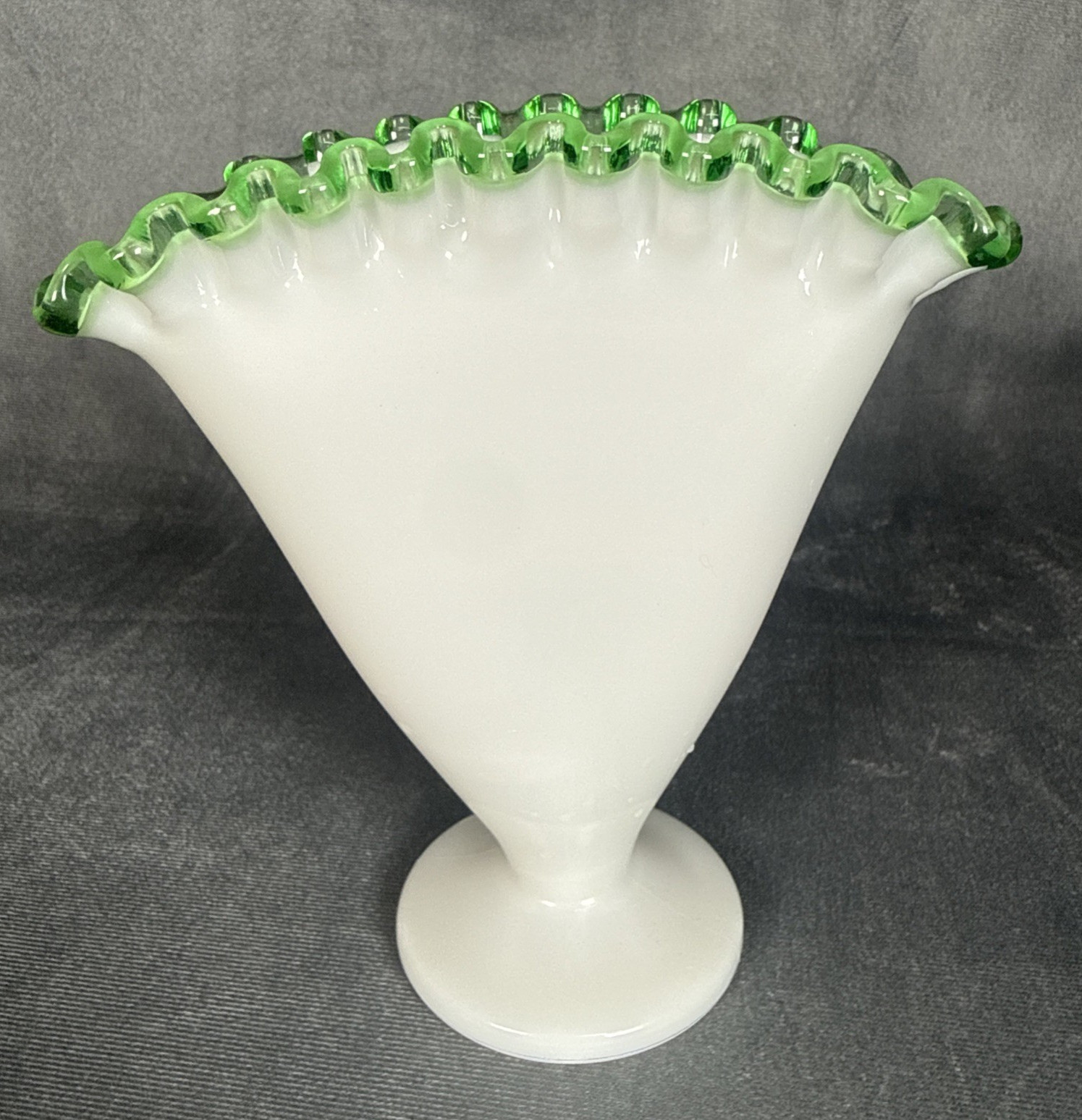 Vintage Fenton (?) Style Green Crest Milk Glass Trumpet Vase Green Ruffled Rim