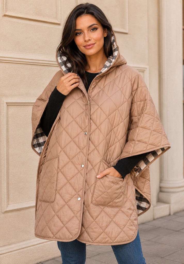 NEW BURBERRY LUXURY QUILTED CAMEL PONCHO W/CHECK PRINT LINING M/L