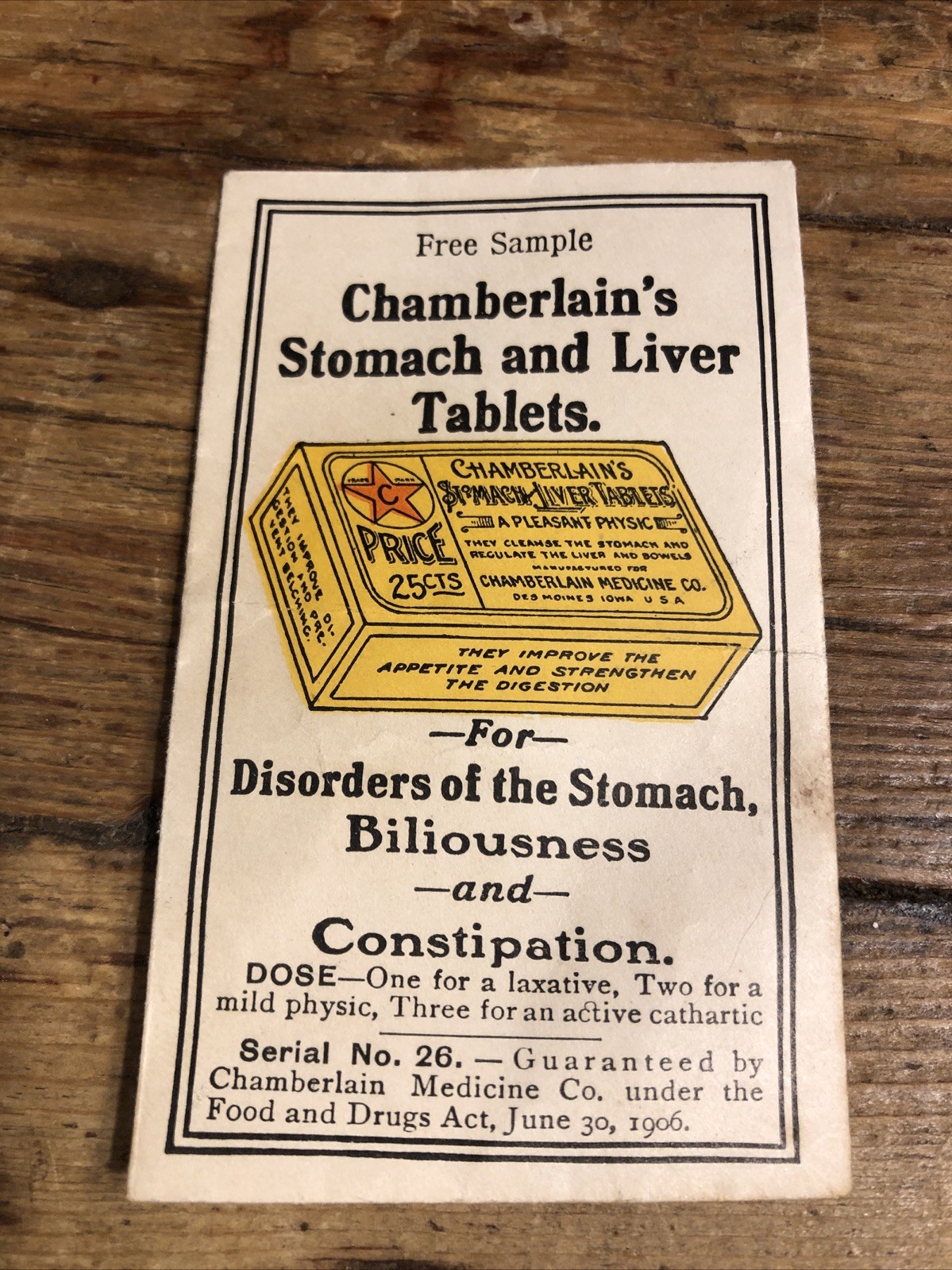 ANTIQUE CHAMBERLAIN\'S STOMACH & LIVER TABLETS FREE SAMPLE ADVERTISING ENVELOPE