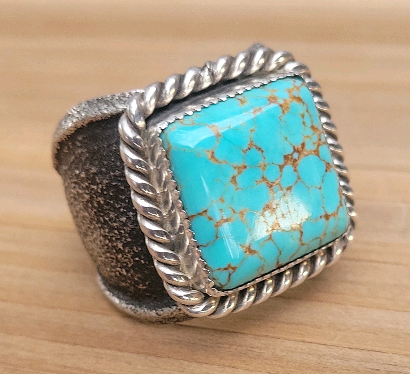 Number 8 Turquoise Tufa Cast Sterling Silver Ring Size 12.75  34.3g Signed 