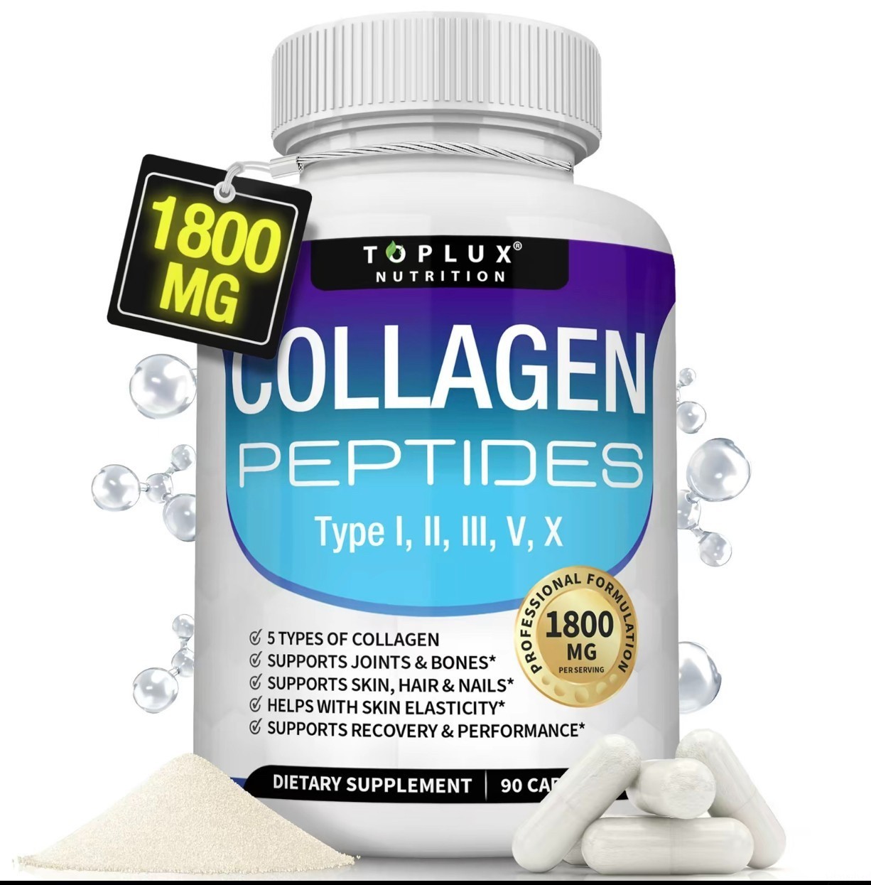 Toplux 5-Type Collagen Peptides Complex 1800mg Dietary Supplement