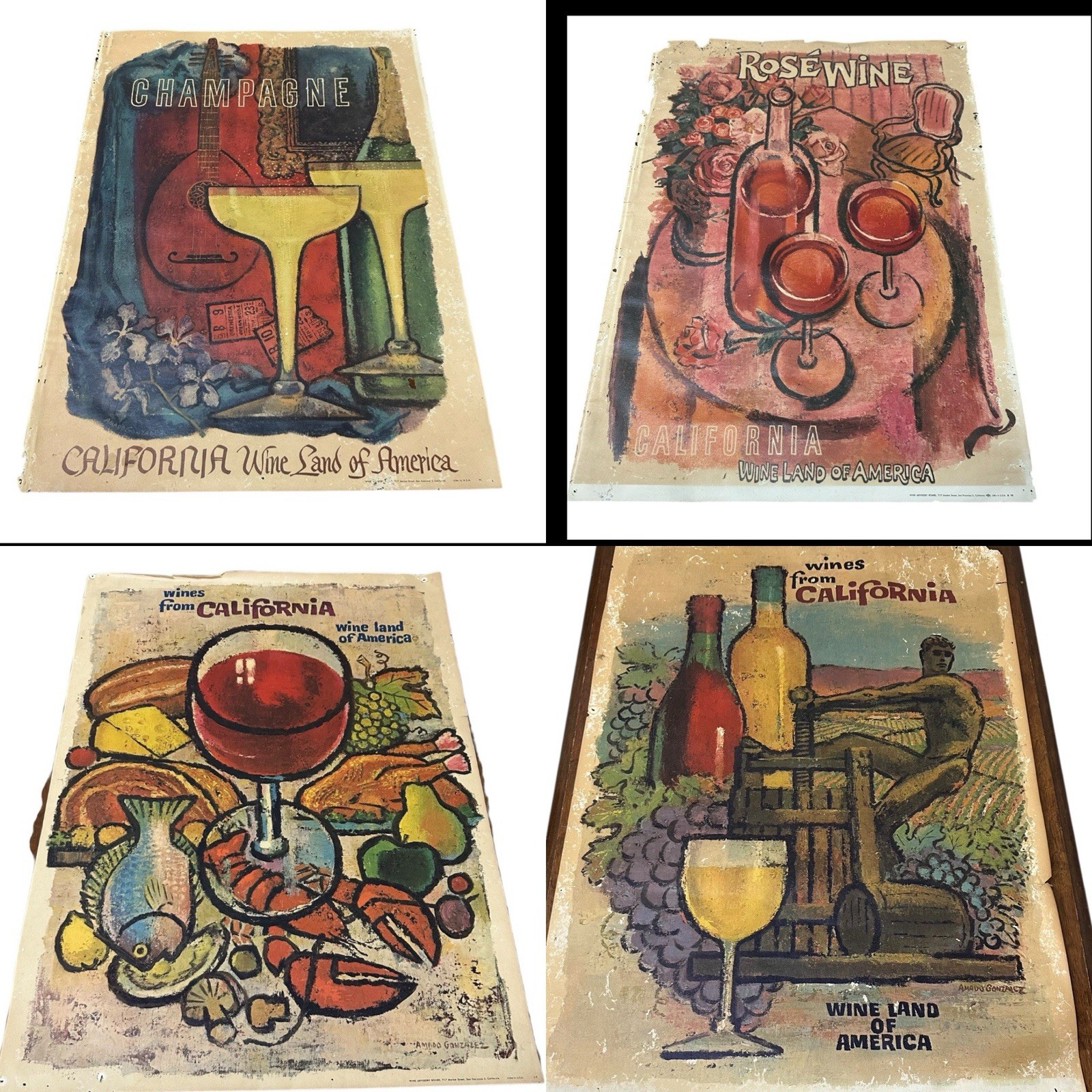 VTG Original Amado Gonzalez Wines from California Wine Land America Poster Lot 4