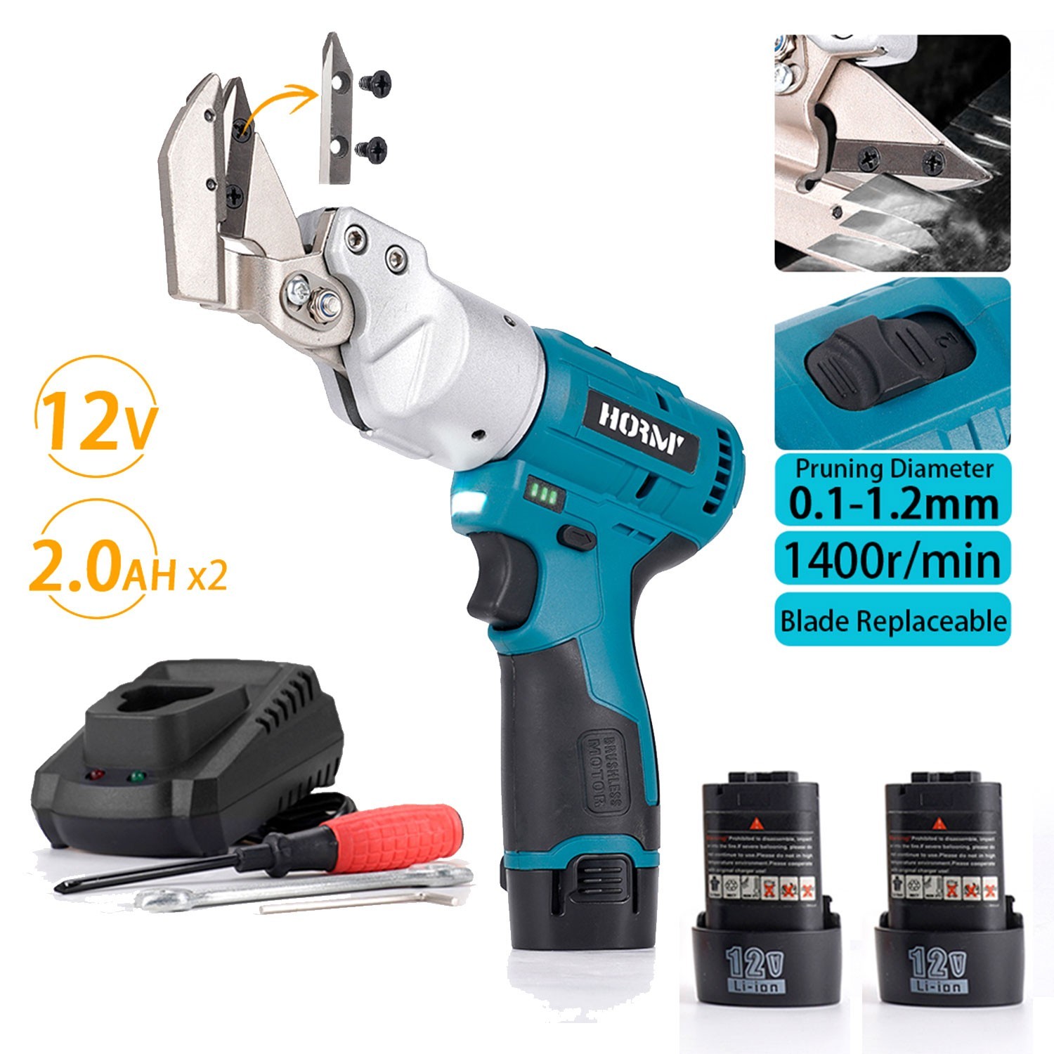 2 Battery Cordless Electric Metal Shear Sheet Cutter Power Tool Tin Snip 12V US