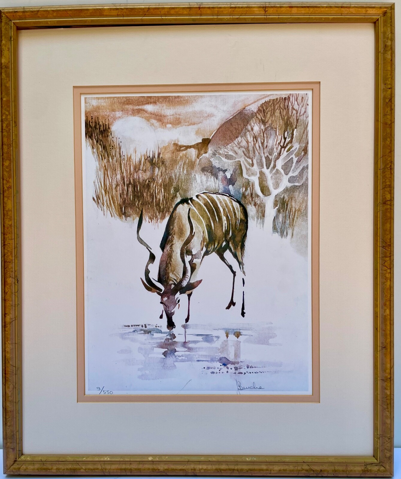 Vtg  Framed Lithograph Signed By Noted African Wild Life Artist J. Beuche 9/550
