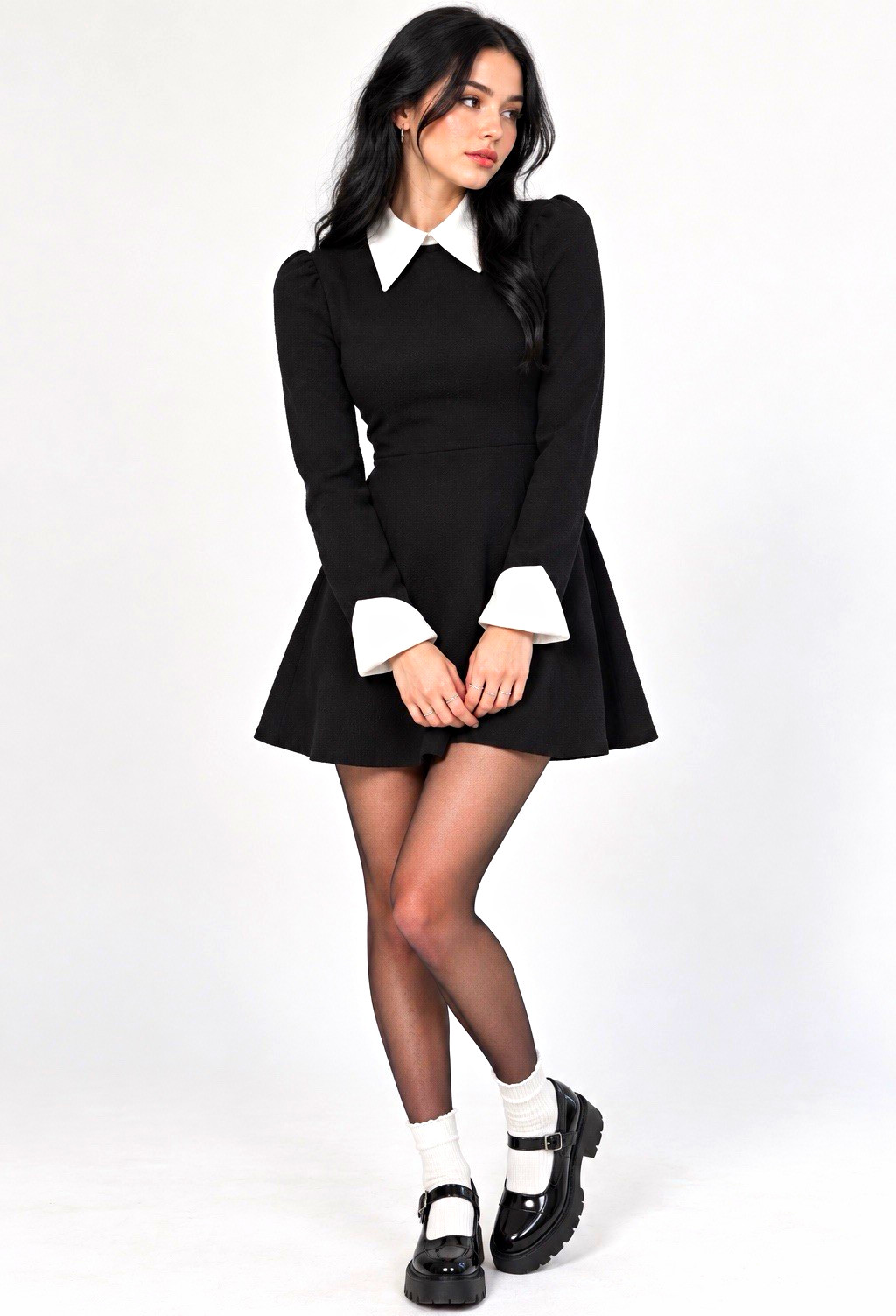 ROMWE Womens XS Black White Contrast Collar Fit Flare Mini Dress NWT Gothic