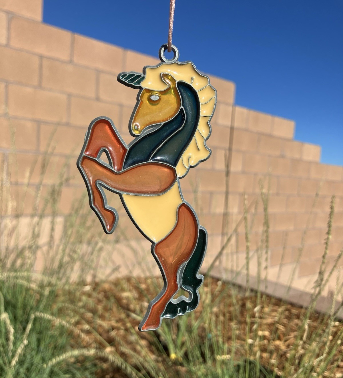 VTG Stained Glass Unicorn Suncatcher Ornament Rearing Unicorn 4.25”