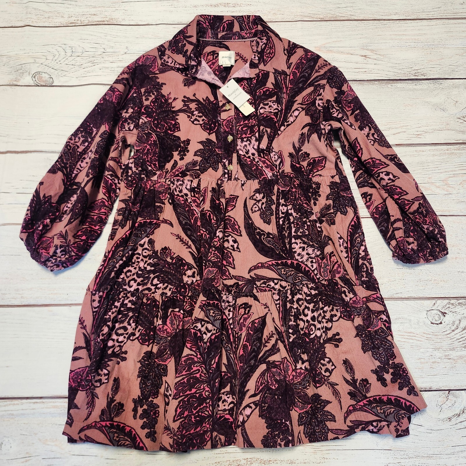Maeve for Anthropologie Corduroy Tiered Mini Floral Purple Shirt Dress XS NWT Maeve for Anthropologie Corduroy Tiered Mini Floral Purple Shirt Dress XS NWT
