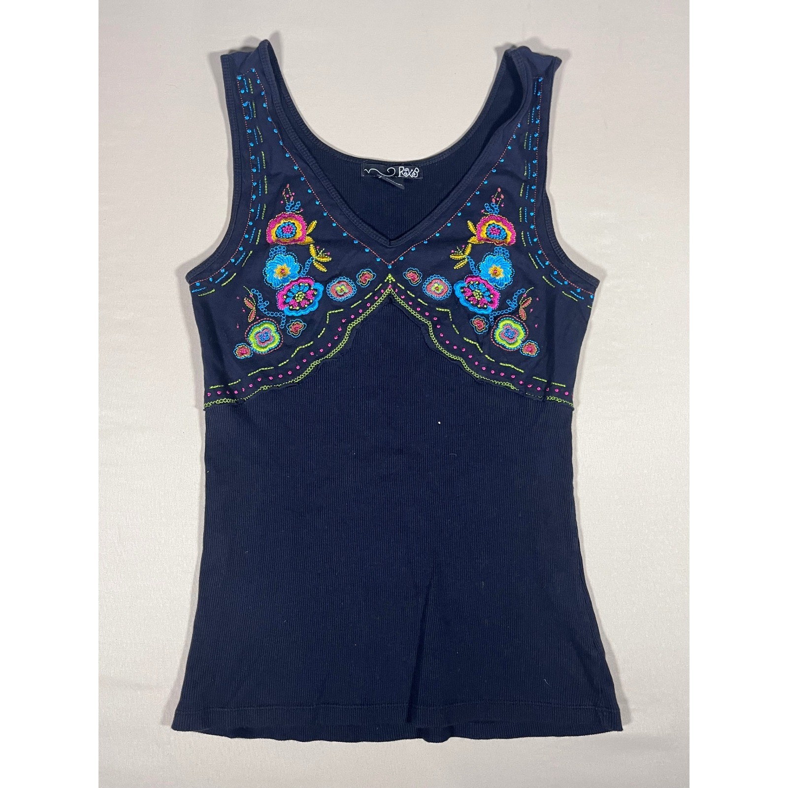 RXB Womens Navy Blue Ribbed Cotton Floral Embroidered V-Neck Tank Top Size M