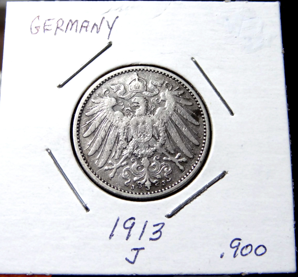 1913 J German One Mark - World Germany .900 Silver Coin