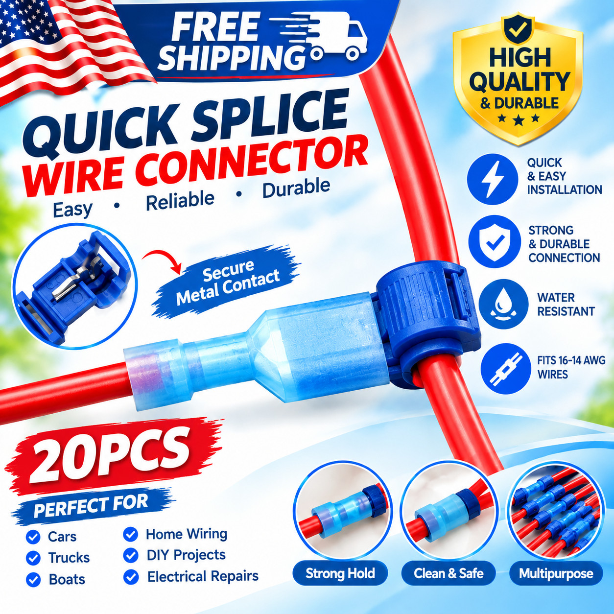 20PCS Insulated 22-10 AWG T-Taps Quick Splice Wire Terminal Connectors Combo Kit
