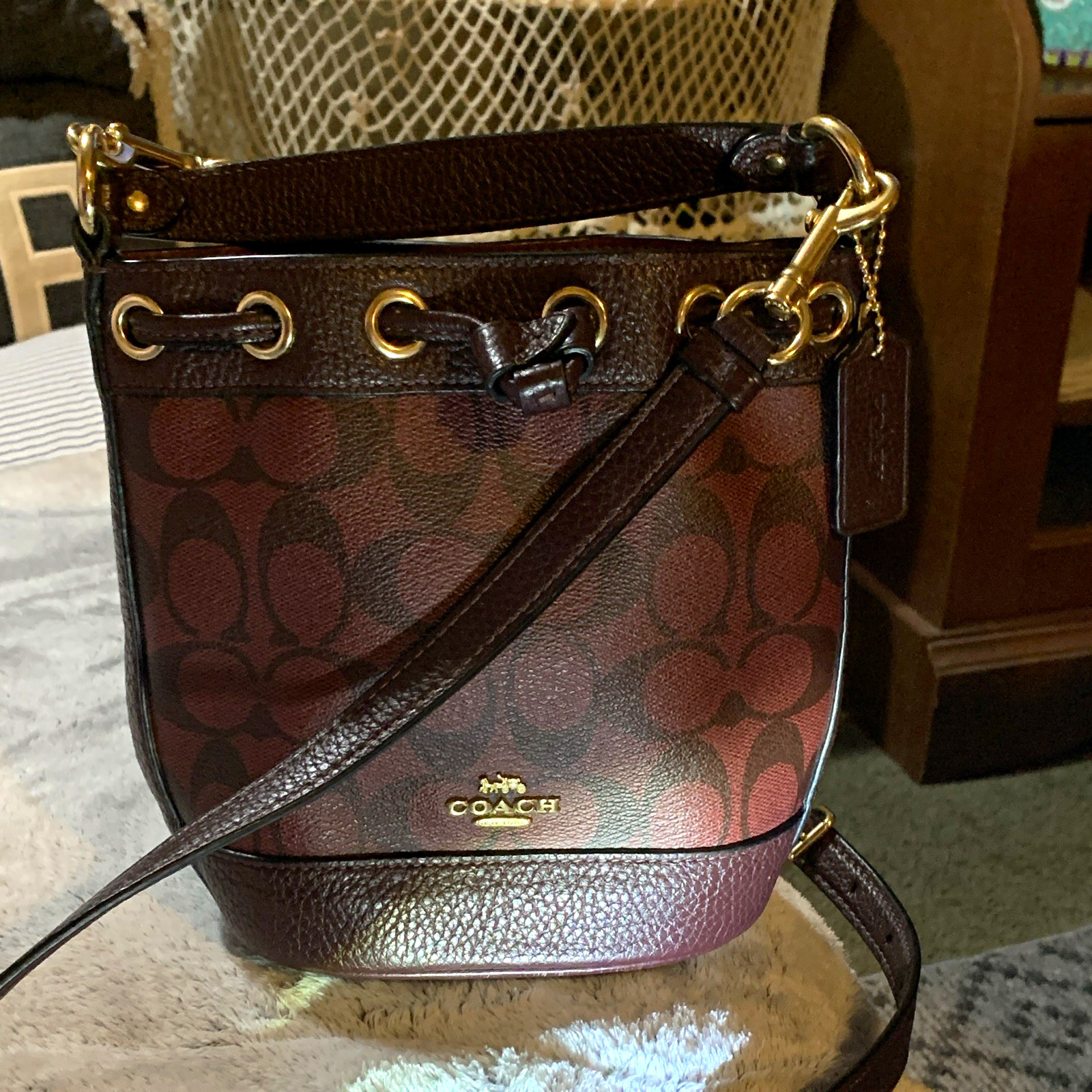 Coach Signature Monogram Bucket Drawstring Bag Brown, Gold Hardware, Adjustable Coach Signature Monogram Bucket Drawstring Bag Brown, Gold Hardware, Adjustable