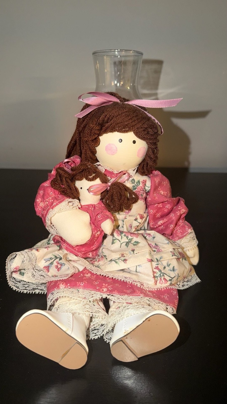 Vintage Handmade Rag Doll Holding Baby With Floral Dress