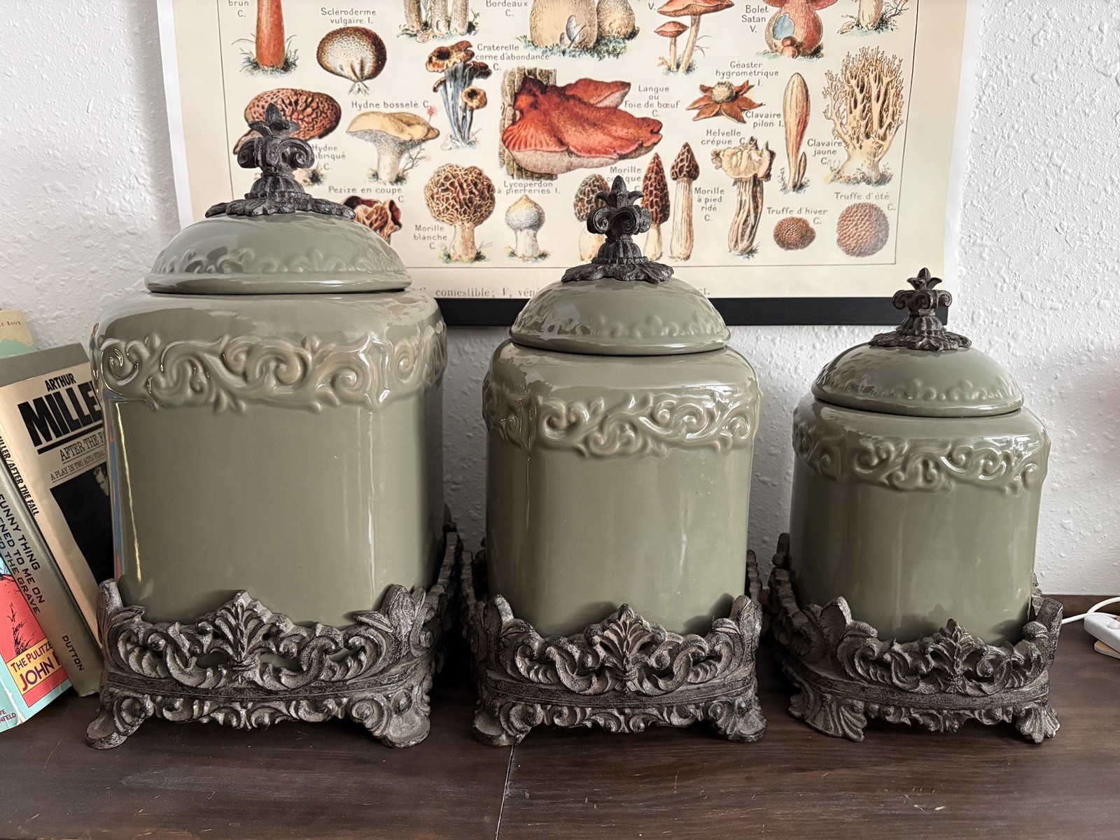 Rare Drake Design Green Tuscan Scroll and Fleur De Lis Canisters 3 Piece Set