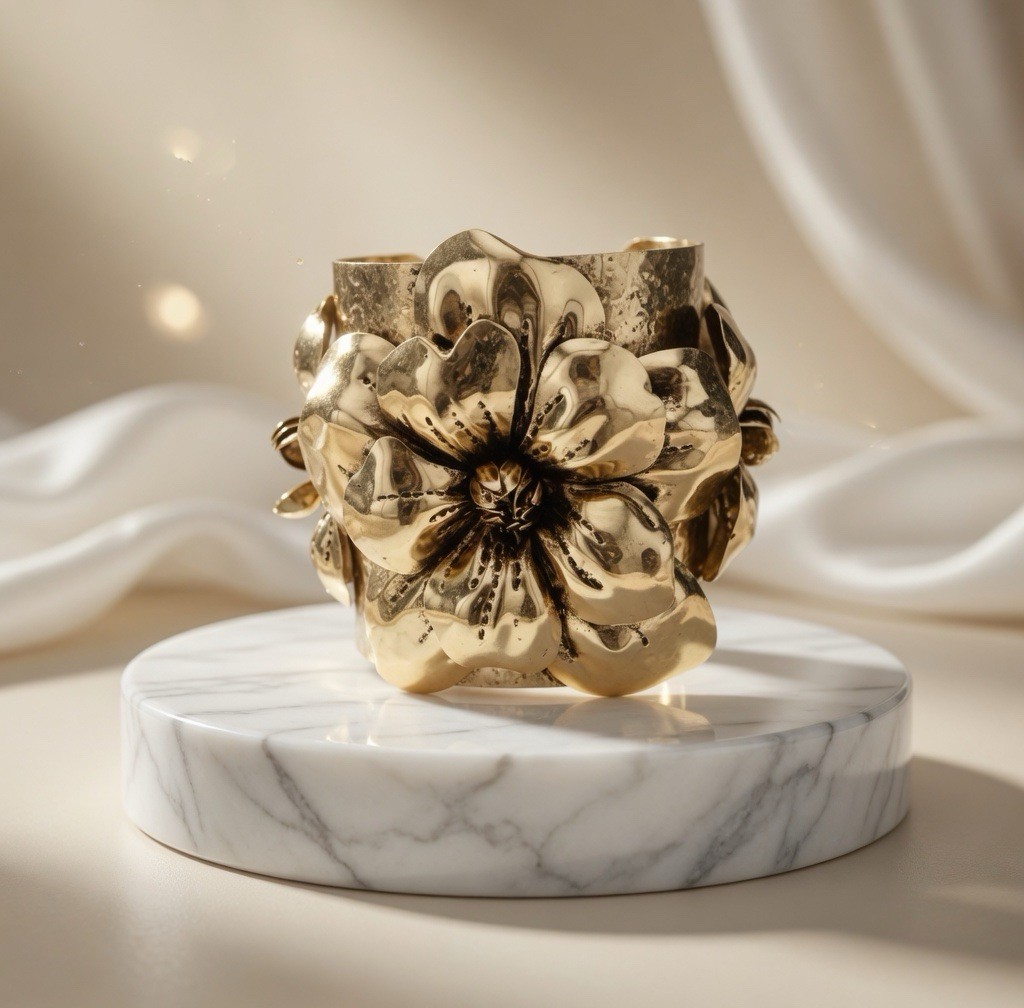 Bracelet Gold Toned Cuff Open Flower Statement Bangle, Chunky Artisan Bracelet Gold Toned Cuff Open Flower Statement Bangle, Chunky Artisan