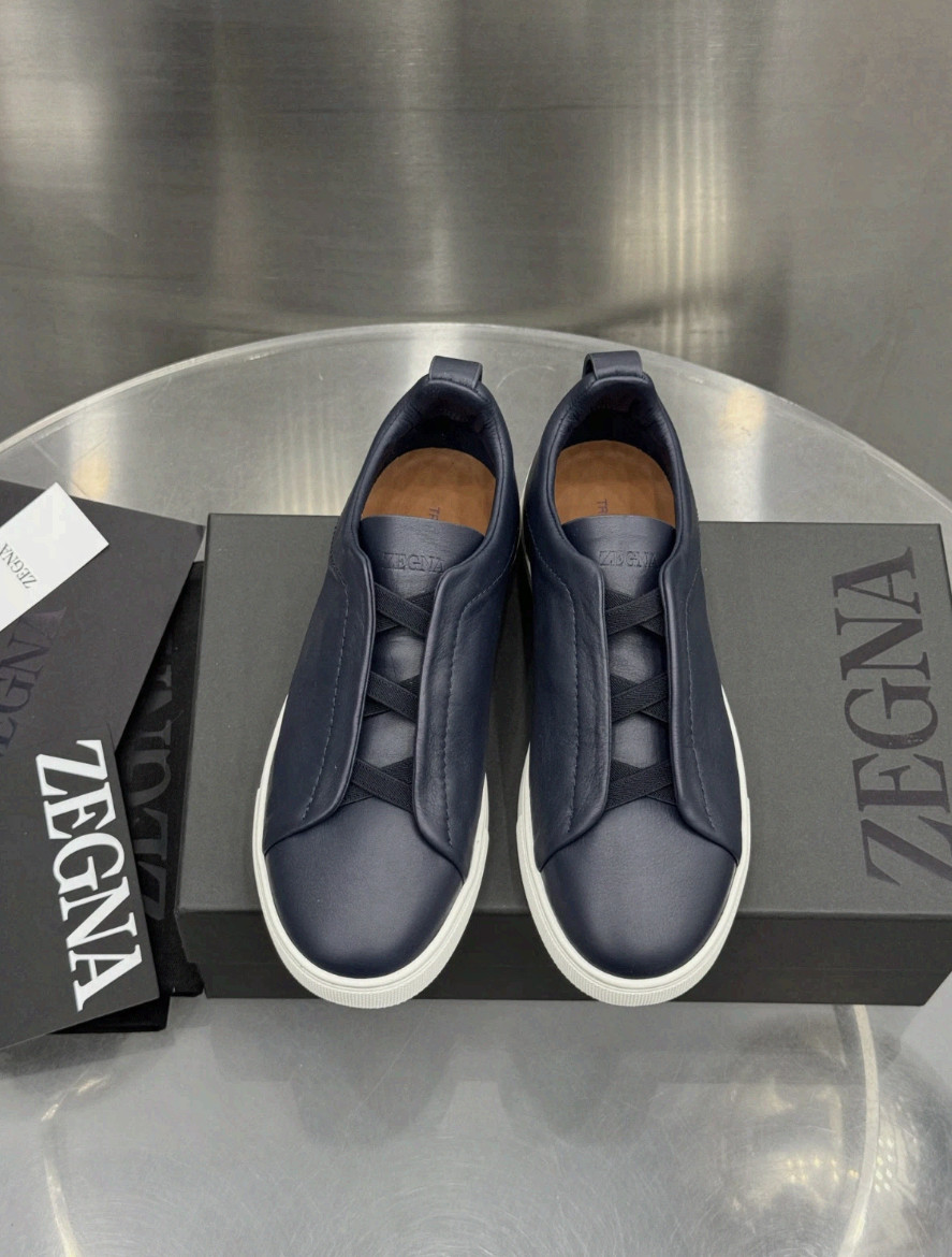 Men\'s Zegna Triple Stitch Navy Leather Slip On Casual Sneakers