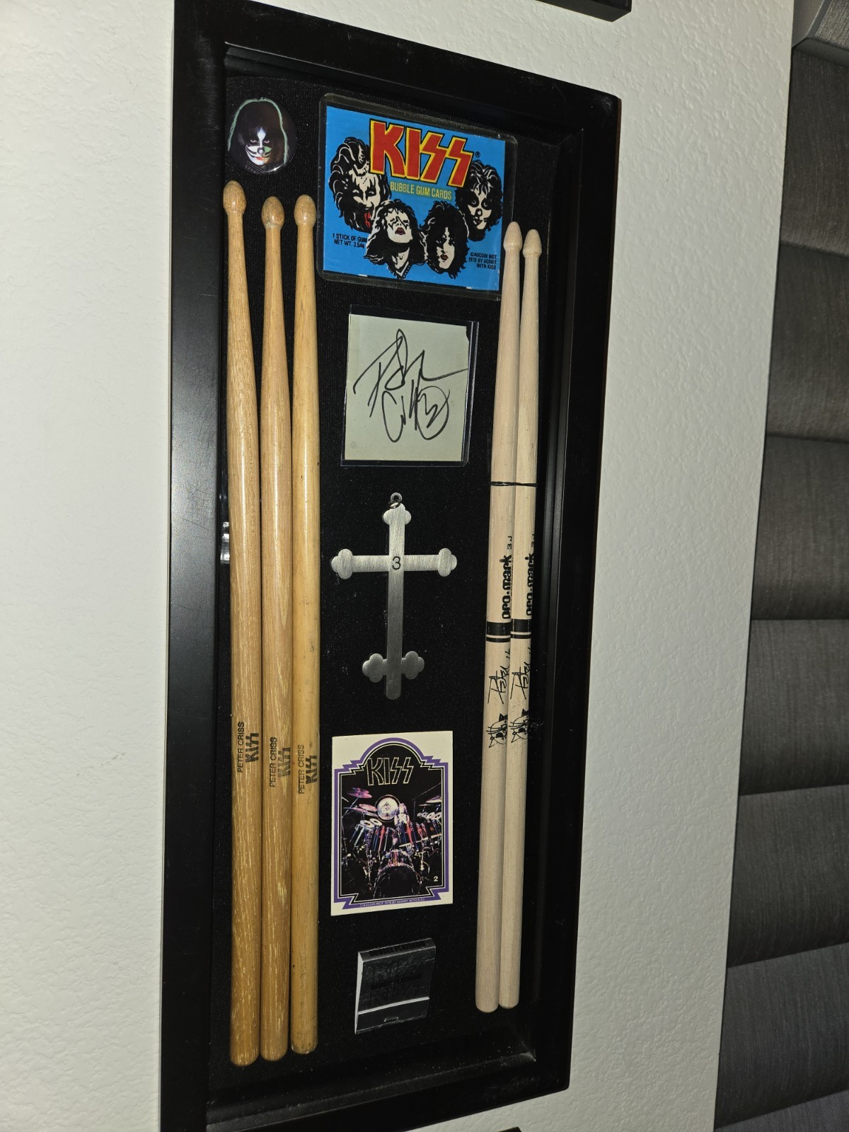 Peter Criss KISS vintage Drumstick/Autograph Display/Balls Of Fire poster