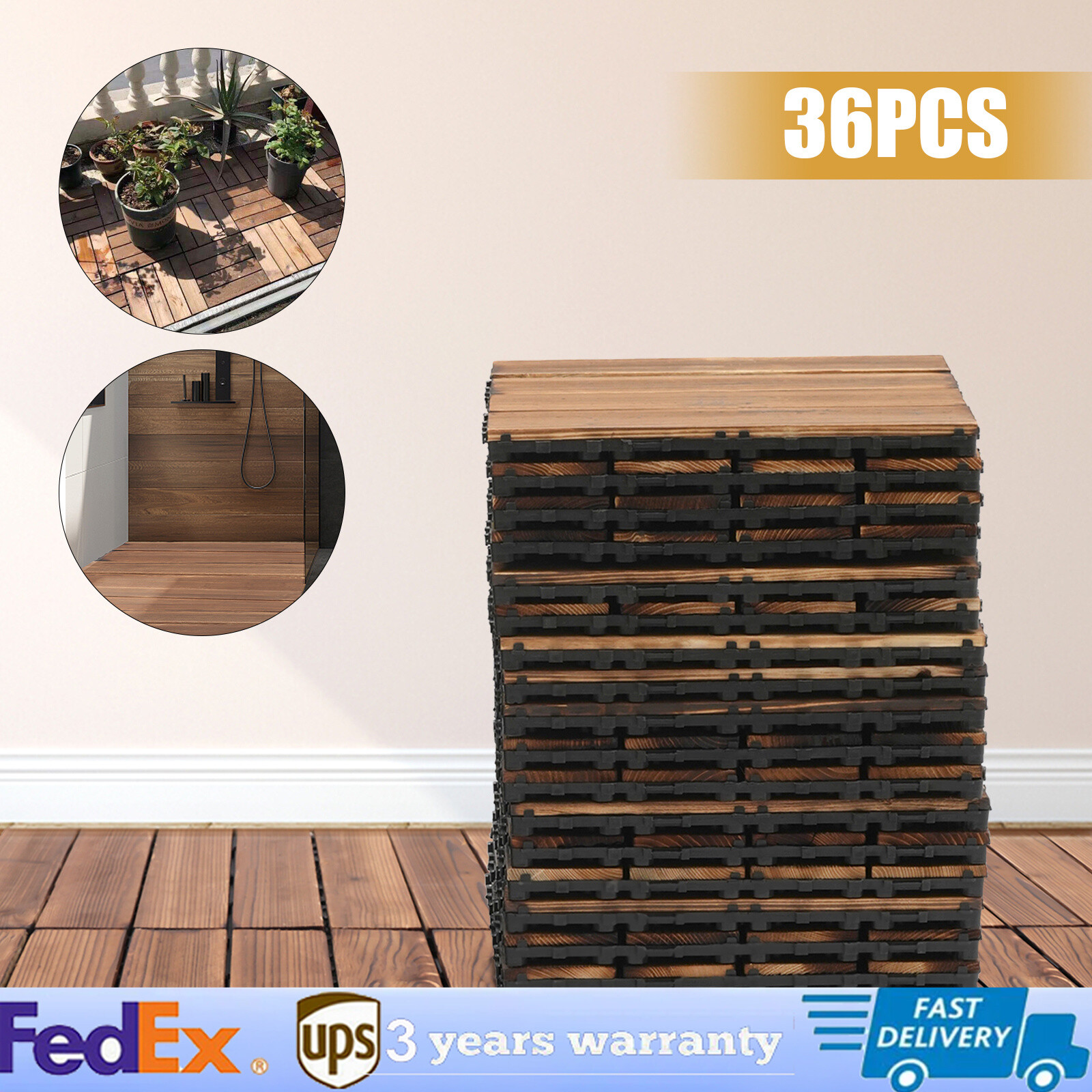 36Pcs Hardwood Interlocking Patio Deck Tiles Wood Flooring DIY Outdoor 12\'\'x12\'\'