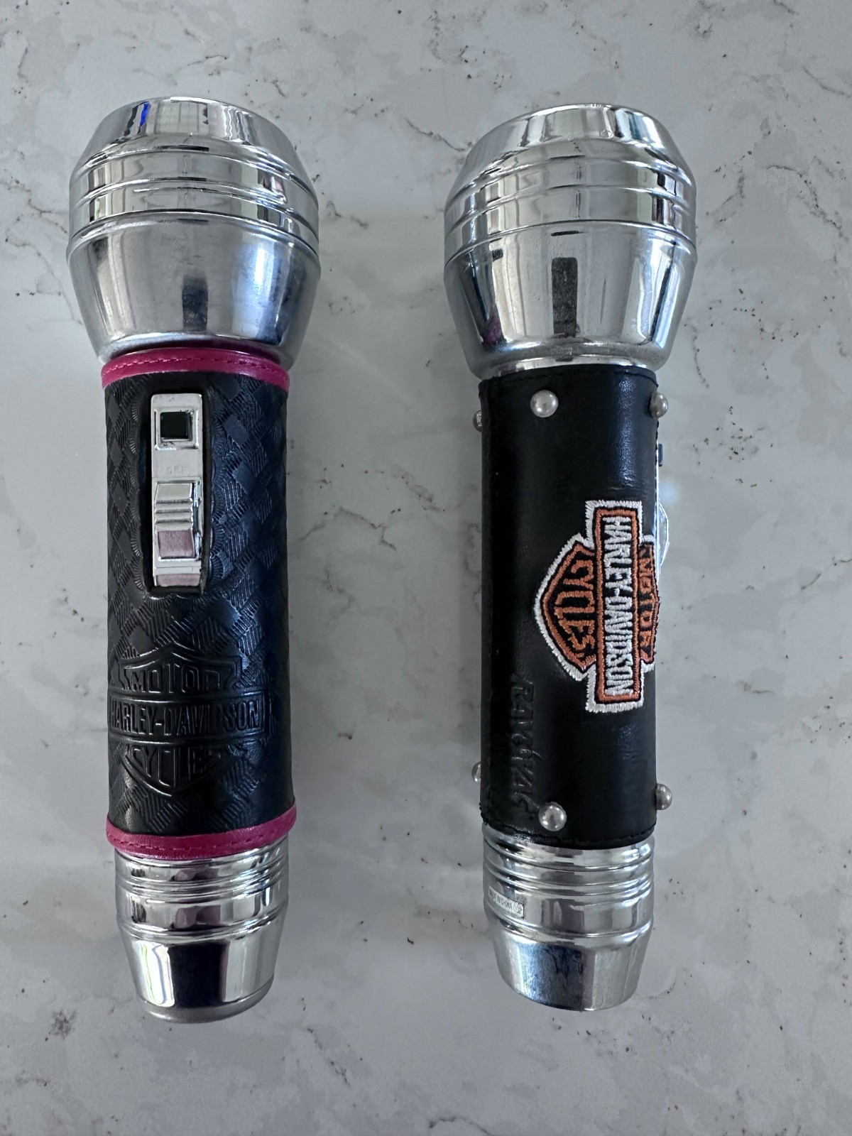 Pair of Vintage Harley Davidson Flashlights - Ray-O-Vac Leather Wrap Motorcycle Pair of Vintage Harley Davidson Flashlights - Ray-O-Vac Leather Wrap Motorcycle