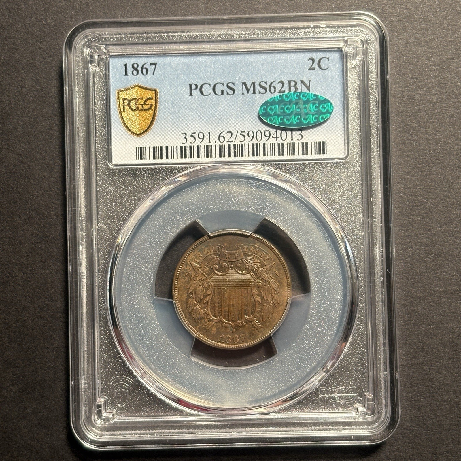 1867 Two Cent Piece — PCGS MS62 BN CAC ✅ 1867 Two Cent Piece — PCGS MS62 BN CAC ✅