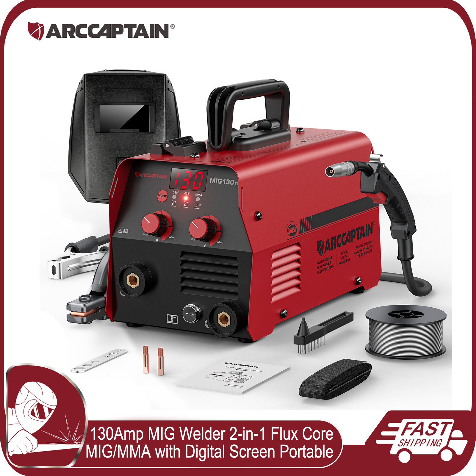 ARCCAPTAIN 130Amp MIG Welder 2-In-1 Welding Machine Digital Flux Core MIG/MMA US