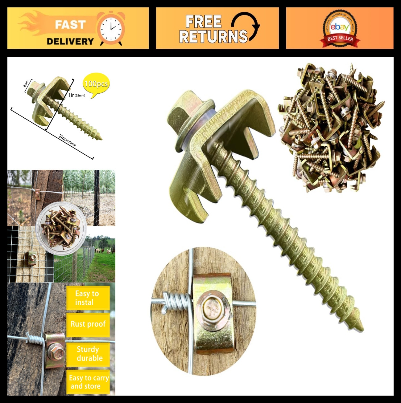 100Pcs Reusable Fence Staples Fasteners for Wire & Woven Fencing Repair